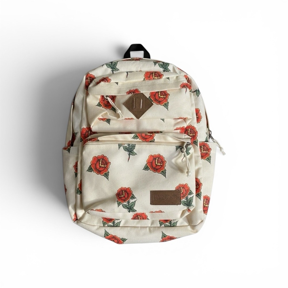 Jansport Backpack Student Floral Red Rose Canvas School Travel Daypack Book Bag